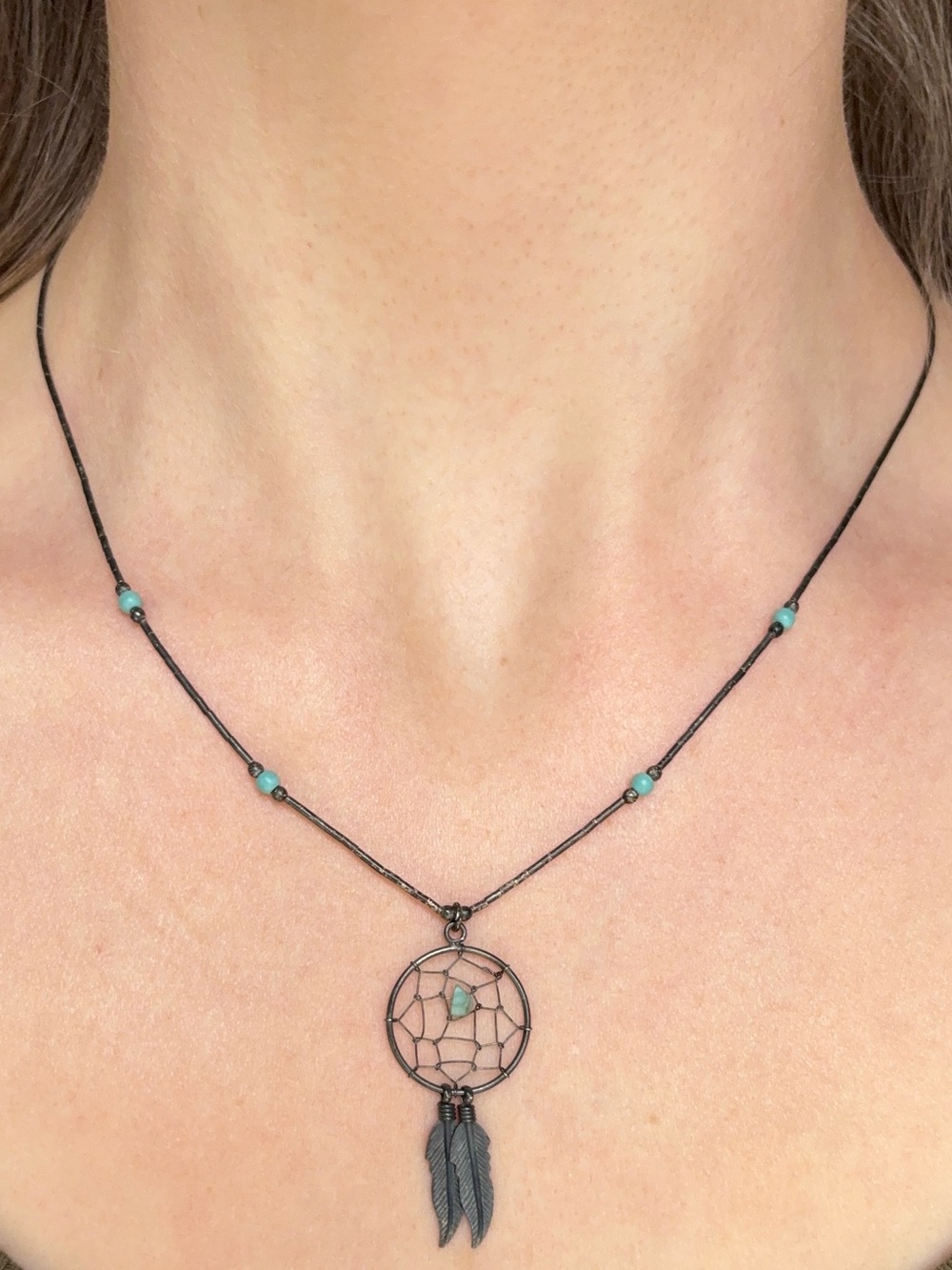 Sterling Silver Navajo Vintage Dream Catcher Turquoise Feather Pendant Necklace